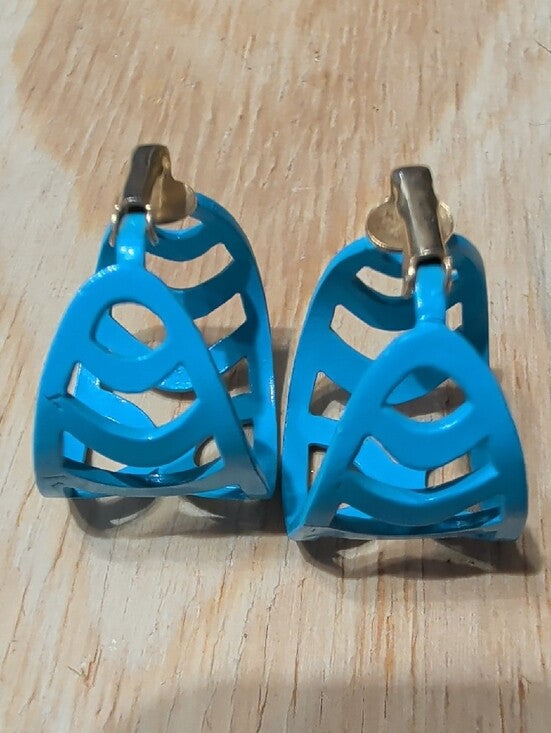 Retro Blue Cutout Hoop Clip-On Earrings - Lightweight MCM Statement Hoops
