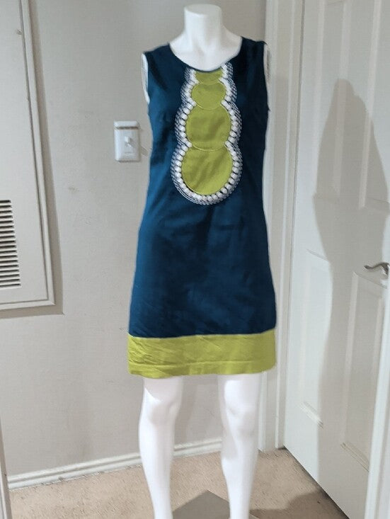Richard Malcolm Retro Sleeveless Teal and Lime Shift Dress Women's 4