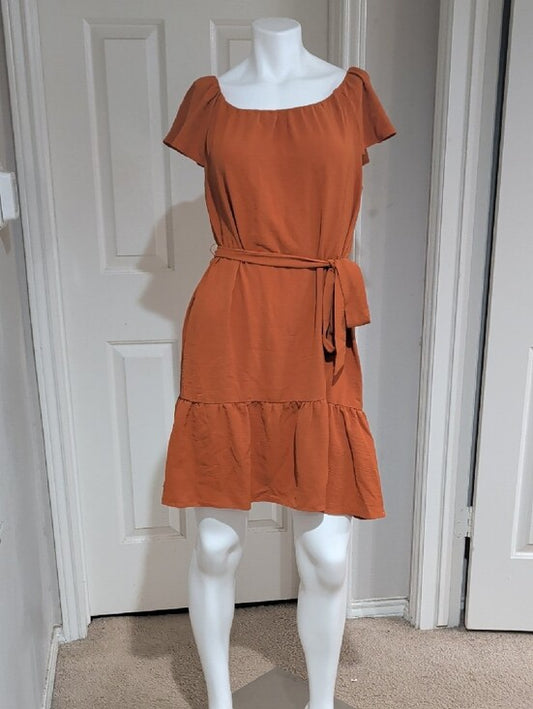 DKNY Rust Orange Flutter Sleeve Mini Dress Tie-Belt Women's 12/L