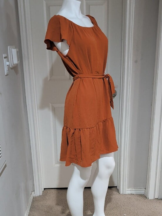 DKNY Rust Orange Flutter Sleeve Mini Dress Tie-Belt Women's 12/L