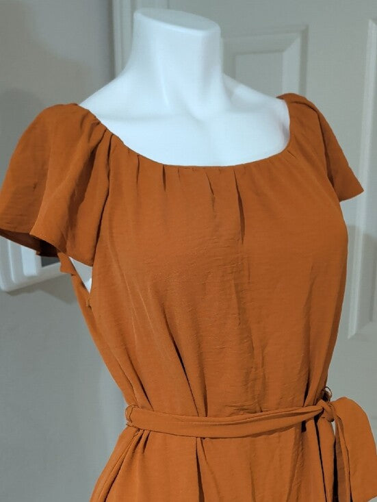 DKNY Rust Orange Flutter Sleeve Mini Dress Tie-Belt Women's 12/L