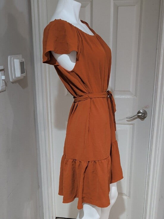 DKNY Rust Orange Flutter Sleeve Mini Dress Tie-Belt Women's 12/L