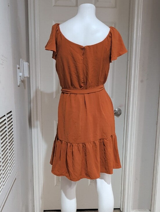 DKNY Rust Orange Flutter Sleeve Mini Dress Tie-Belt Women's 12/L