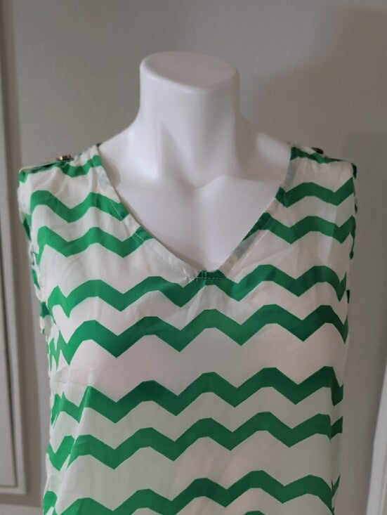 Peach Love Cream Green Chevron Sleeveless Mini Dress Women's Small