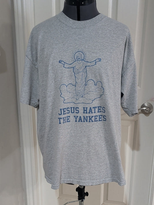 Gildan Heather Gray Tee with Blue Religious Graphic Men's XL