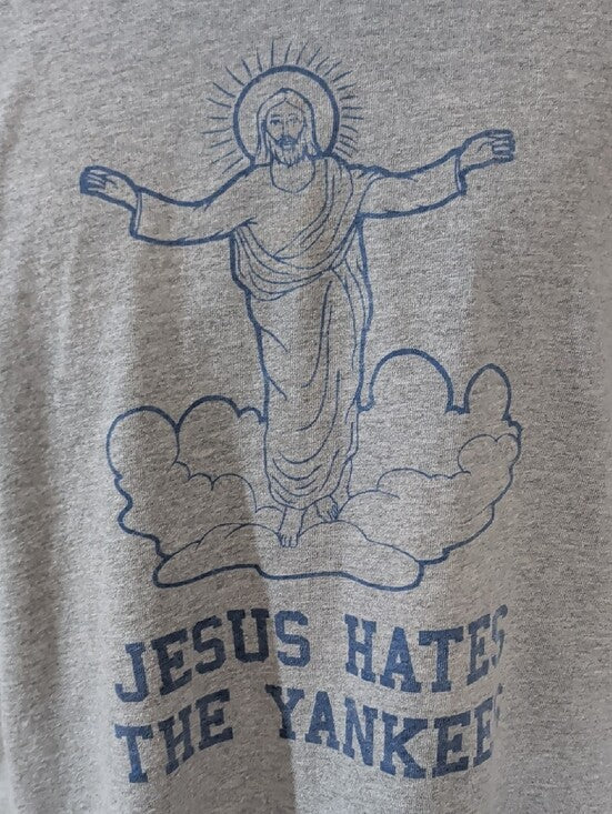 Gildan Heather Gray Tee with Blue Religious Graphic Men's XL