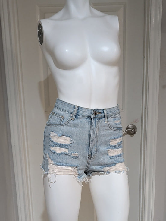 Light Blue Distressed High-Waist Denim Shorts Women's XS
