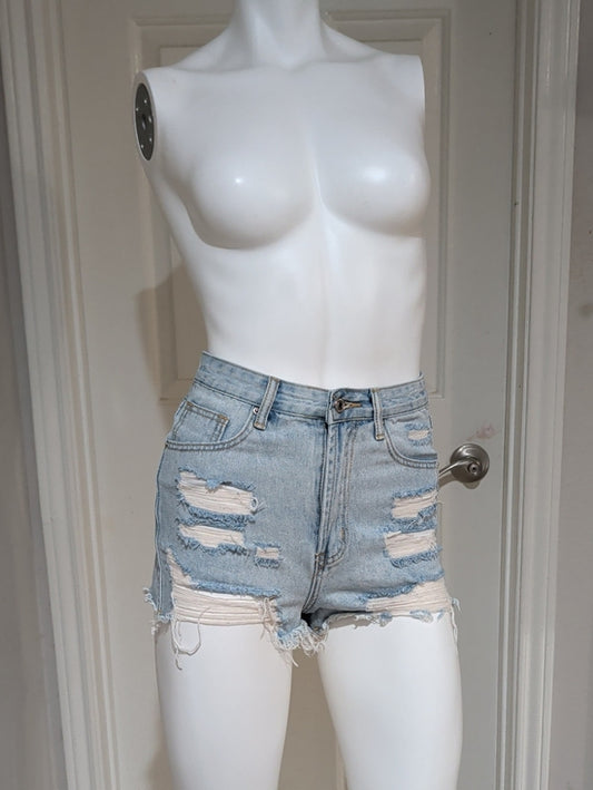 Light Blue Distressed High-Waist Denim Shorts Women's XS