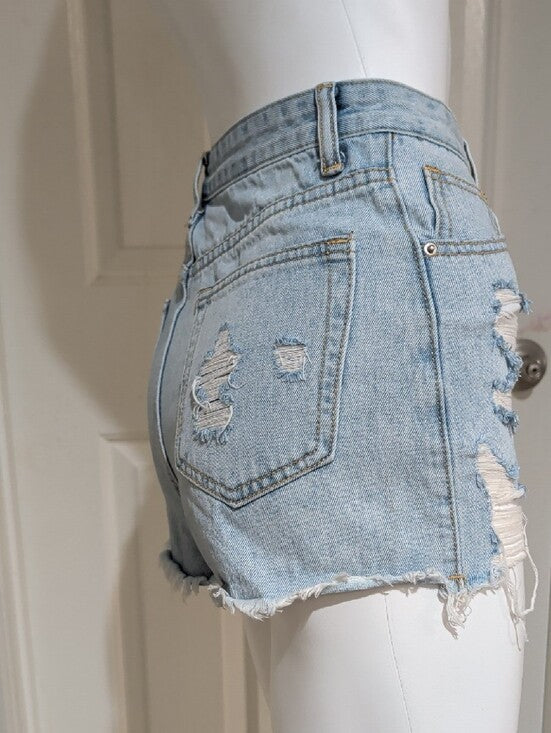 Light Blue Distressed High-Waist Denim Shorts Women's XS