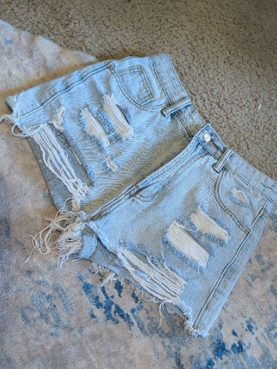 Light Blue Distressed High-Waist Denim Shorts Women's XS