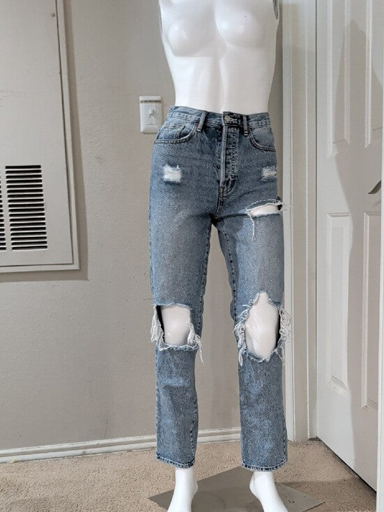 PacSun Women’s Distressed Straight Leg Dad Jeans - Light Blue Wash 24/XS