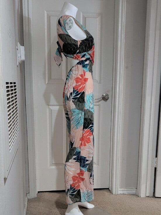 Japna Floral V-Neck Wide-Leg Jumpsuit in Peach Multi Women's XS
