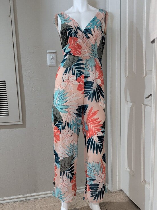 Japna Floral V-Neck Wide-Leg Jumpsuit in Peach Multi Women's XS