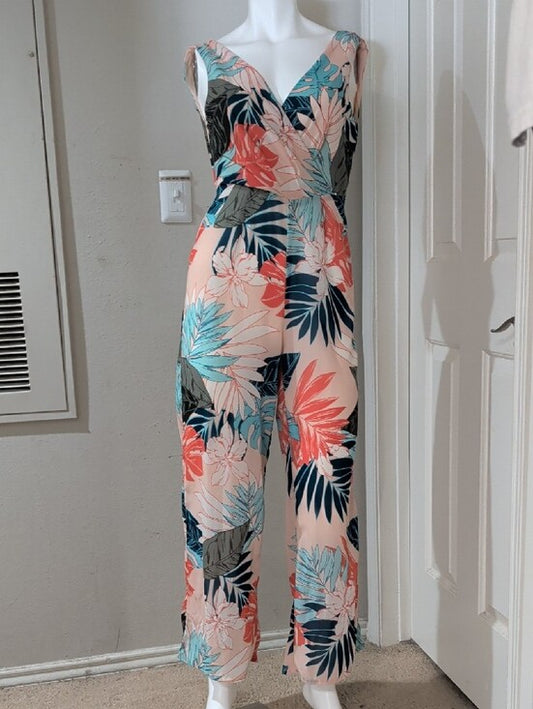 Japna Floral V-Neck Wide-Leg Jumpsuit in Peach Multi Women's XS