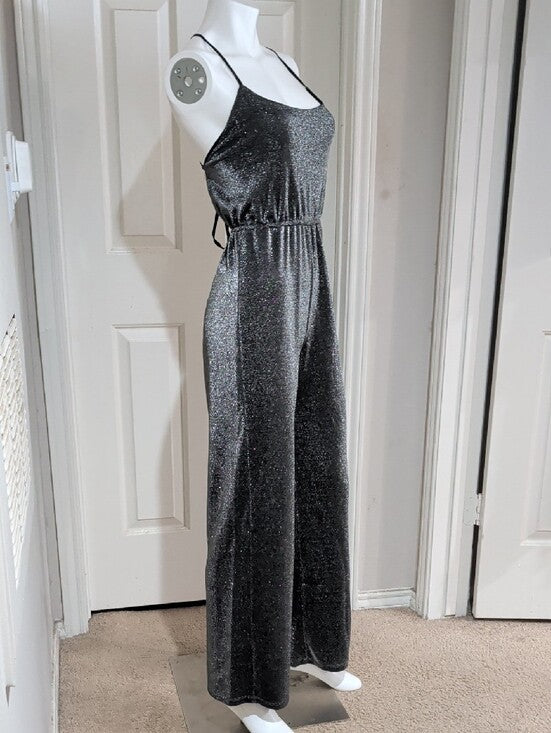 SO Sparkle Black Shimmer Jumpsuit with Spaghetti Straps Women's Medium