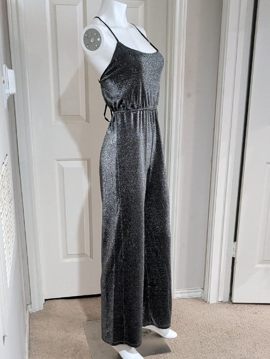 SO Sparkle Black Shimmer Jumpsuit with Spaghetti Straps Women's Medium