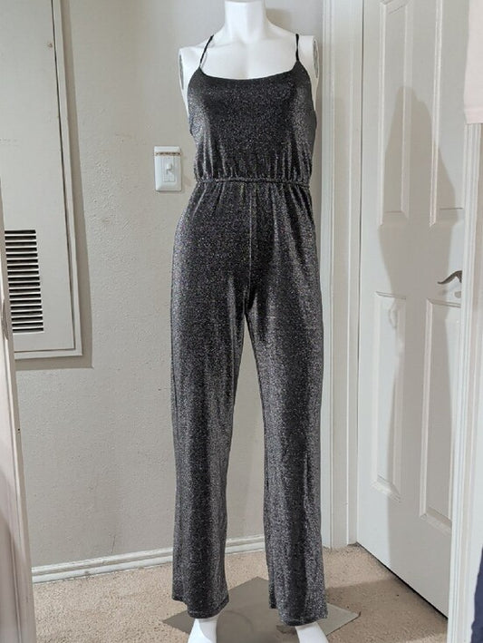 SO Sparkle Black Shimmer Jumpsuit with Spaghetti Straps Women's Medium