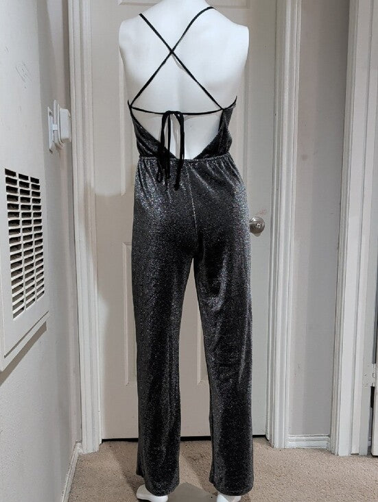 SO Sparkle Black Shimmer Jumpsuit with Spaghetti Straps Women's Medium