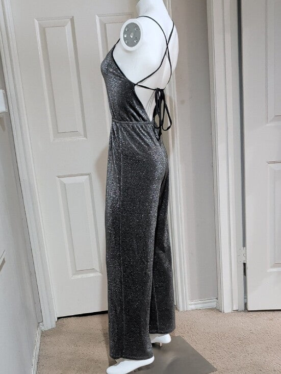 SO Sparkle Black Shimmer Jumpsuit with Spaghetti Straps Women's Medium
