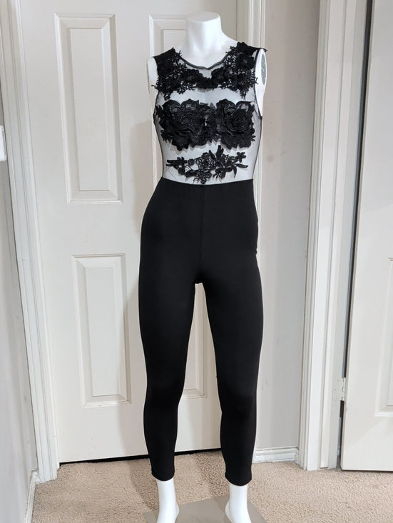 Iris Black Mesh Lace Appliqué Jumpsuit Women's Small