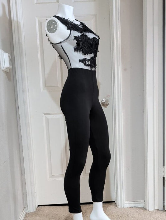 Iris Black Mesh Lace Appliqué Jumpsuit Women's Small