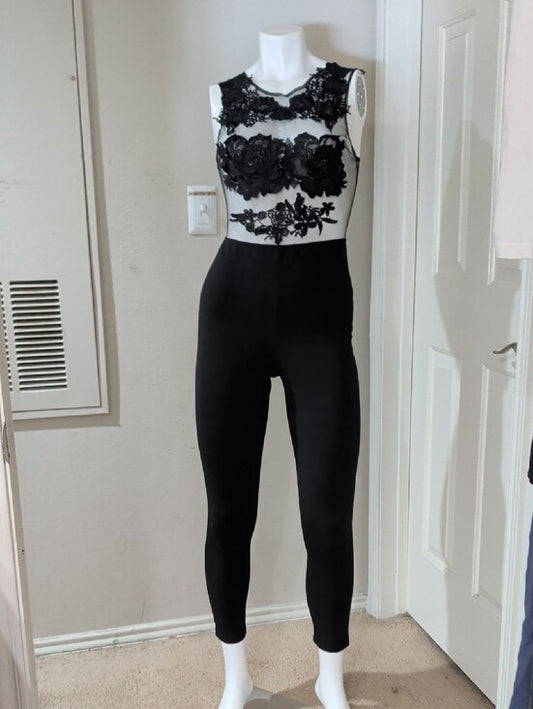 Iris Black Mesh Lace Appliqué Jumpsuit Women's Small