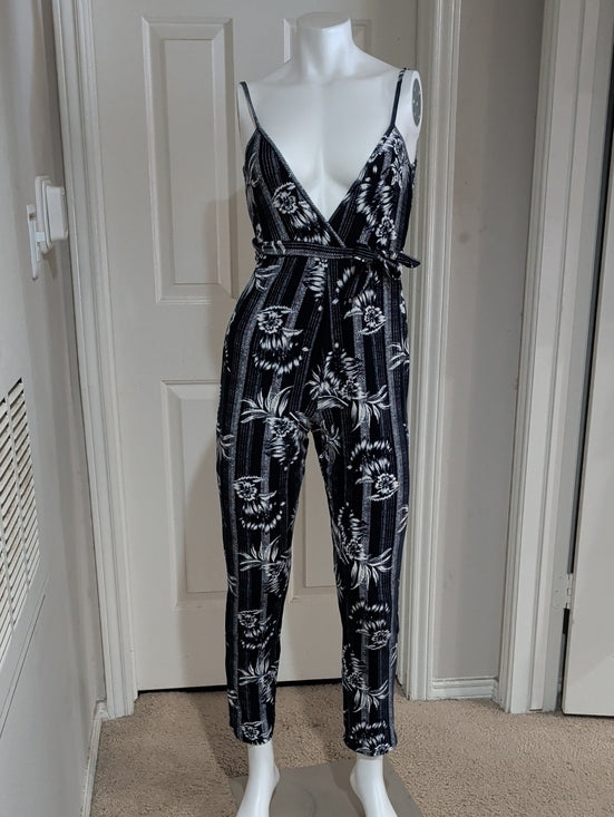 Derek Heart Navy Blue & White Floral Wrap Tie Jumpsuit Women's Small