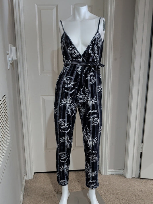 Derek Heart Navy Blue & White Floral Wrap Tie Jumpsuit Women's Small