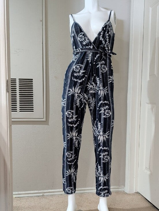 Derek Heart Navy Blue & White Floral Wrap Tie Jumpsuit Women's Small