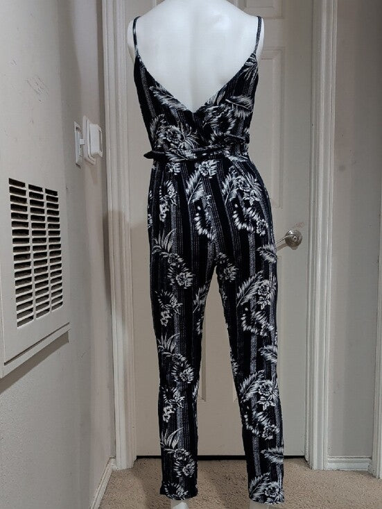 Derek Heart Navy Blue & White Floral Wrap Tie Jumpsuit Women's Small