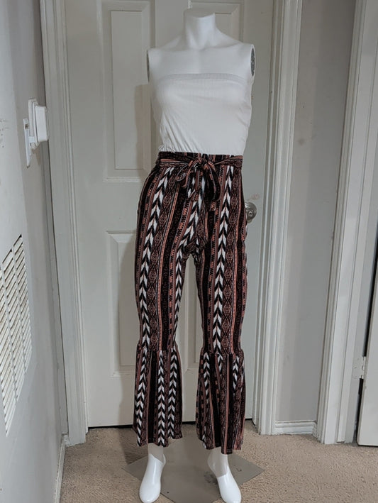 Jolie & Joy Boho Stripe Tie-Waist Ruffle Hem Pants - Rust/Black Women's Medium