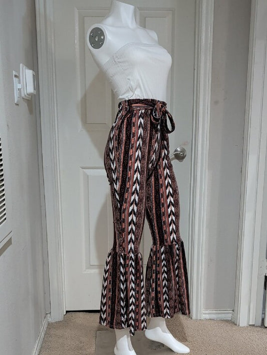 Jolie & Joy Boho Stripe Tie-Waist Ruffle Hem Pants - Rust/Black Women's Medium