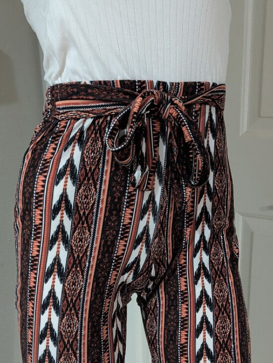 Jolie & Joy Boho Stripe Tie-Waist Ruffle Hem Pants - Rust/Black Women's Medium