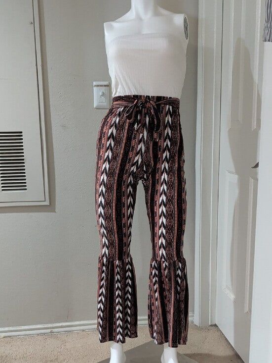Jolie & Joy Boho Stripe Tie-Waist Ruffle Hem Pants - Rust/Black Women's Medium