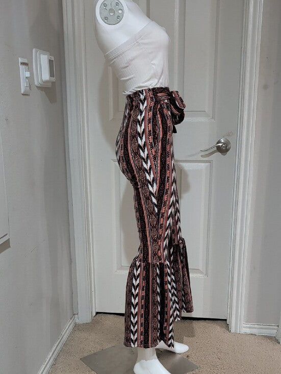Jolie & Joy Boho Stripe Tie-Waist Ruffle Hem Pants - Rust/Black Women's Medium