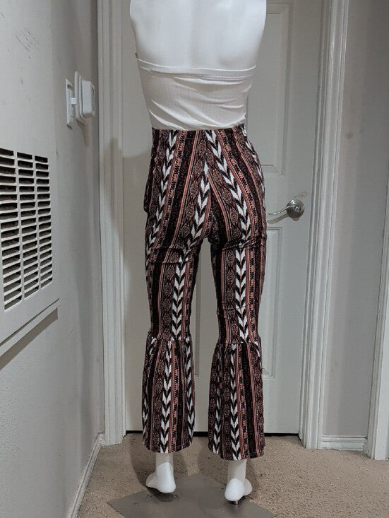 Jolie & Joy Boho Stripe Tie-Waist Ruffle Hem Pants - Rust/Black Women's Medium
