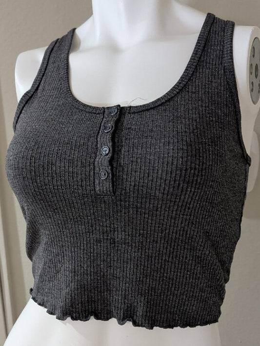 H&M Ribbed Charcoal Henley Crop Tank Top - Women's Small