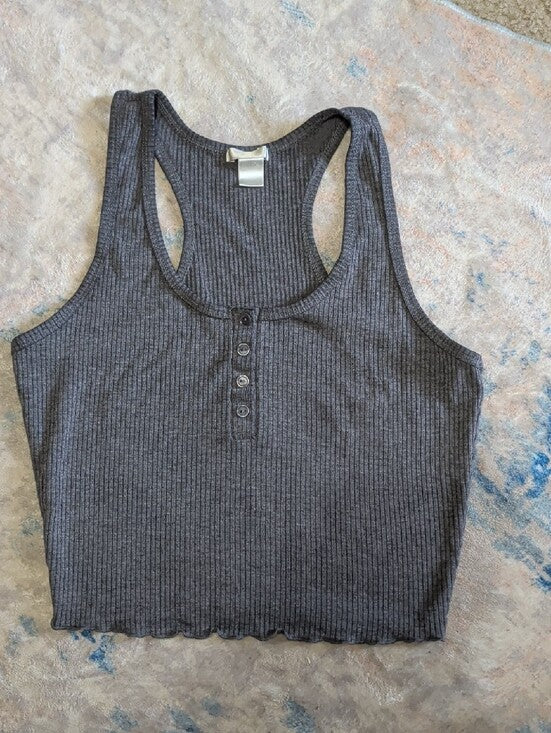 H&M Ribbed Charcoal Henley Crop Tank Top - Women's Small