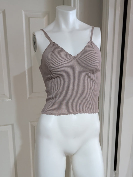 H&M Ribbed V-Neck Scallop-Edge Cami - Taupe Women's Small
