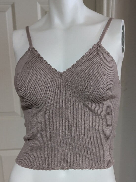H&M Ribbed V-Neck Scallop-Edge Cami - Taupe Women's Small