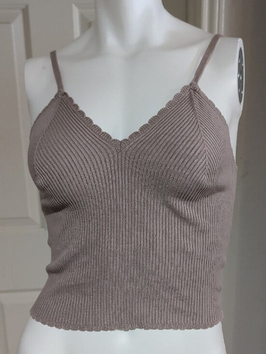 H&M Ribbed V-Neck Scallop-Edge Cami - Taupe Women's Small
