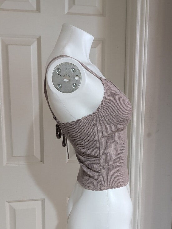 H&M Ribbed V-Neck Scallop-Edge Cami - Taupe Women's Small
