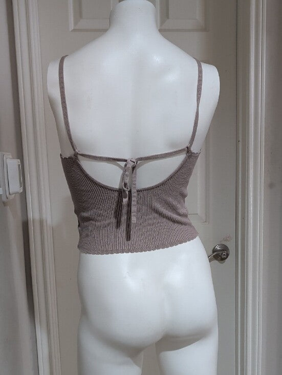 H&M Ribbed V-Neck Scallop-Edge Cami - Taupe Women's Small