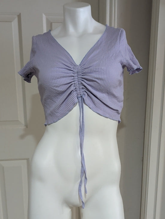 Y2K ROMWE Lilac Ruched Tie-Front Ribbed Crop Top Women's Large Retro