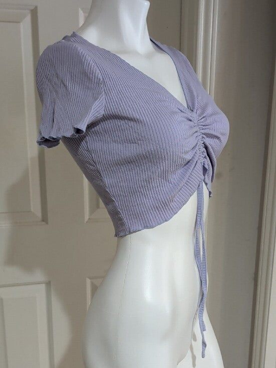 Y2K ROMWE Lilac Ruched Tie-Front Ribbed Crop Top Women's Large Retro