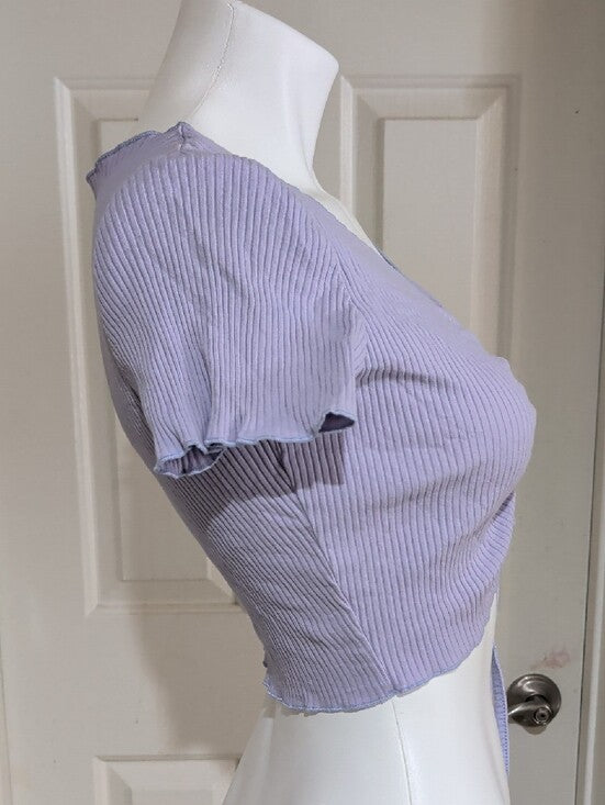 Y2K ROMWE Lilac Ruched Tie-Front Ribbed Crop Top Women's Large Retro