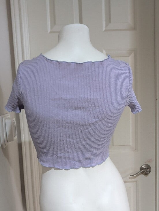 Y2K ROMWE Lilac Ruched Tie-Front Ribbed Crop Top Women's Large Retro