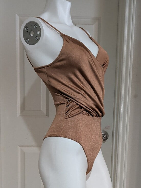 Express Bronze Finely Ribbed Wrap Bodysuit Women's Small