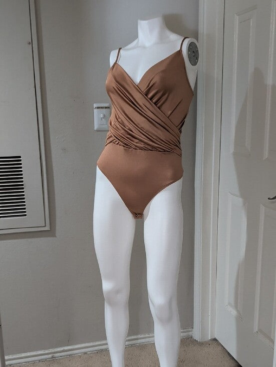 Express Bronze Finely Ribbed Wrap Bodysuit Women's Small