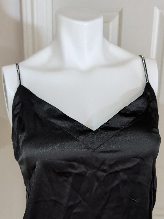 Free People Black Satin Rhinestone V-Neck Slip Cami Women's XS